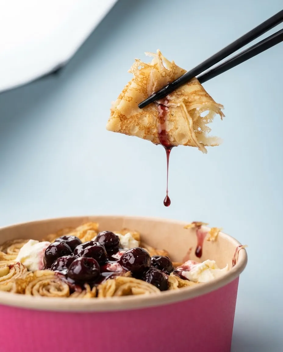 A piece of cherry crepe lifted with chopsticks from a pink tub, sauce dripping, the pink Royal Pink van behind