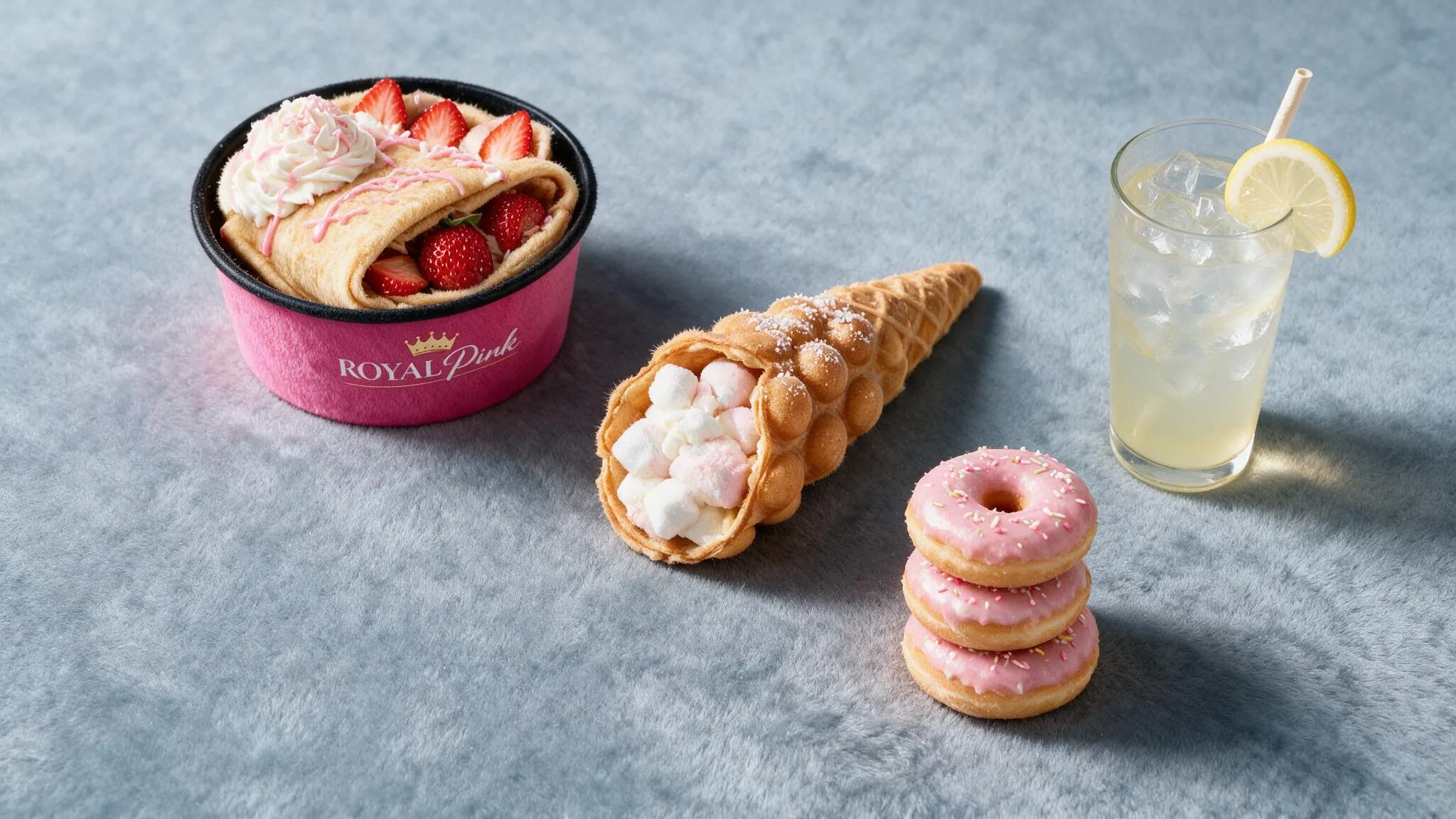 Strawberry crepe tub, bubble waffle cone, stacked pink donuts and a glass of lemonade arranged on a pale blue surface