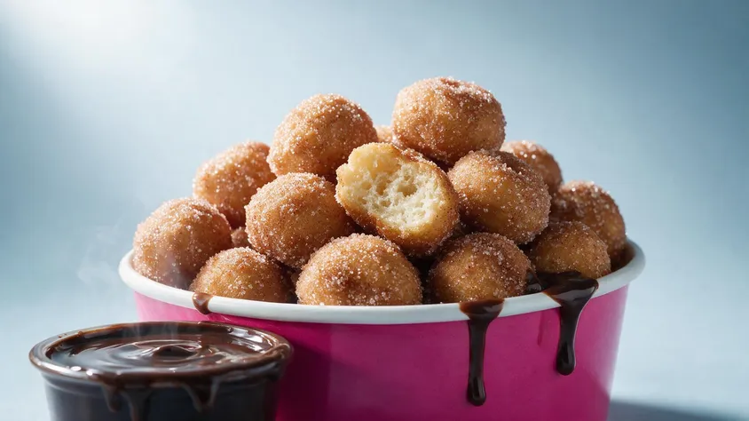 Pile of sugared mini donuts in a pink tub with chocolate dipping sauce, one broken open