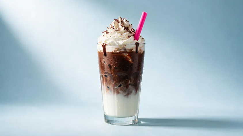 Tall glass of iced chocolate with whipped cream, chocolate shavings and a pink straw