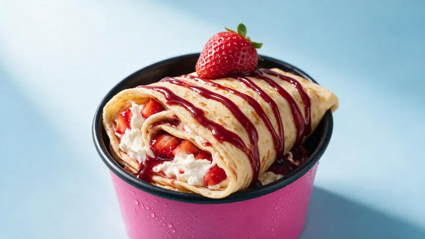 Rolled crepe filled with strawberries and cream, berry sauce drizzled over, a whole strawberry on top