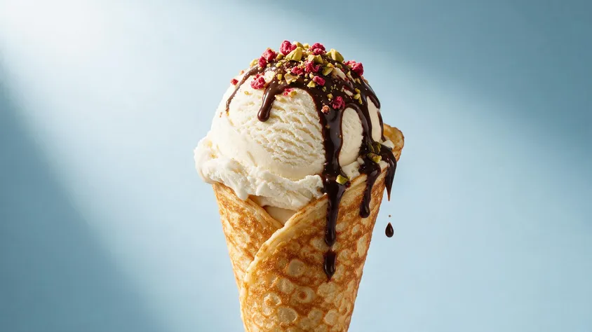 Bubble waffle cone with vanilla ice cream, chocolate sauce, crushed pistachio and freeze-dried raspberry