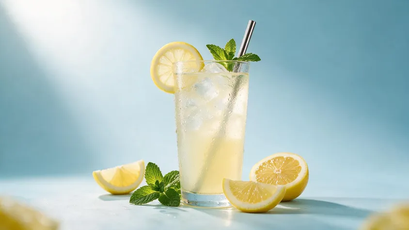 Tall glass of lemonade with ice, a lemon wheel and mint, lemon wedges beside it