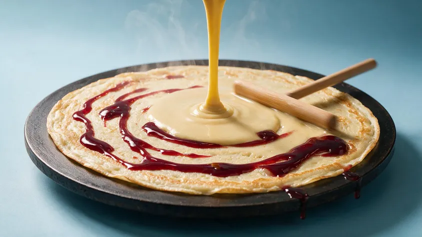 Crepe batter being poured onto a hot griddle with a wooden spreader, steam rising