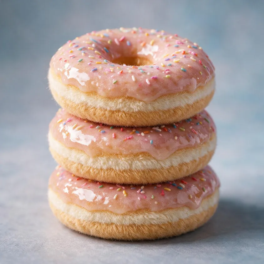 Three stacked donuts with pink glaze and rainbow sprinkles