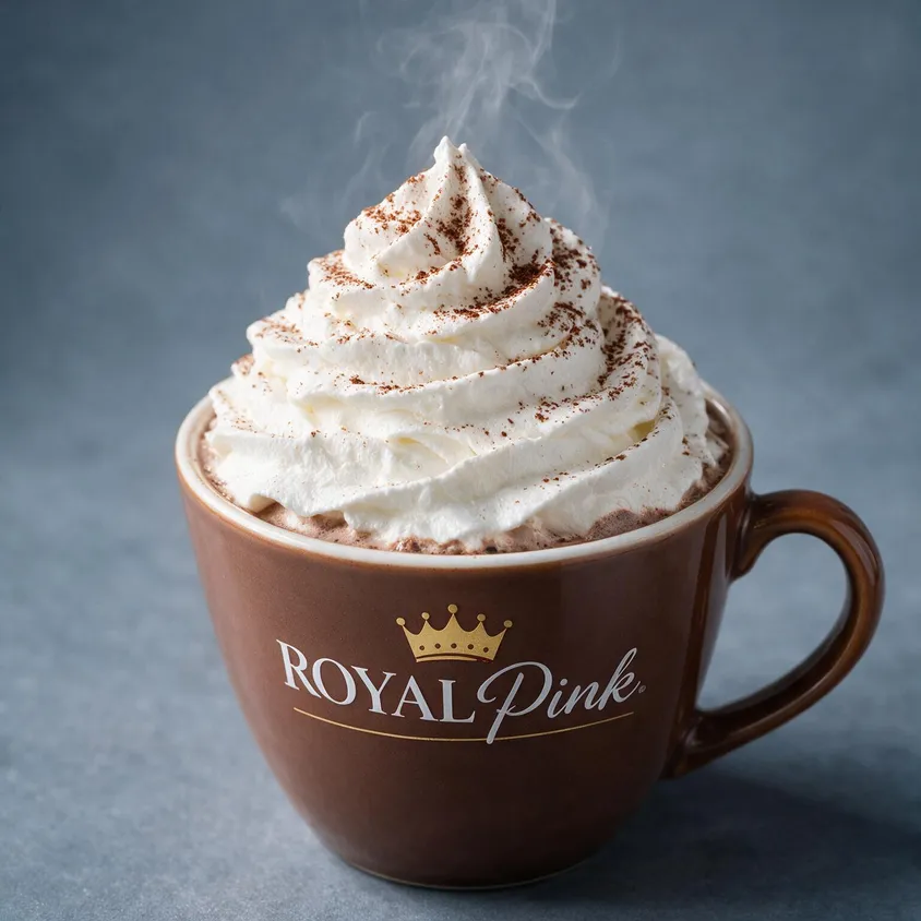 Royal Pink mug of hot chocolate topped with a tall swirl of whipped cream, steam rising